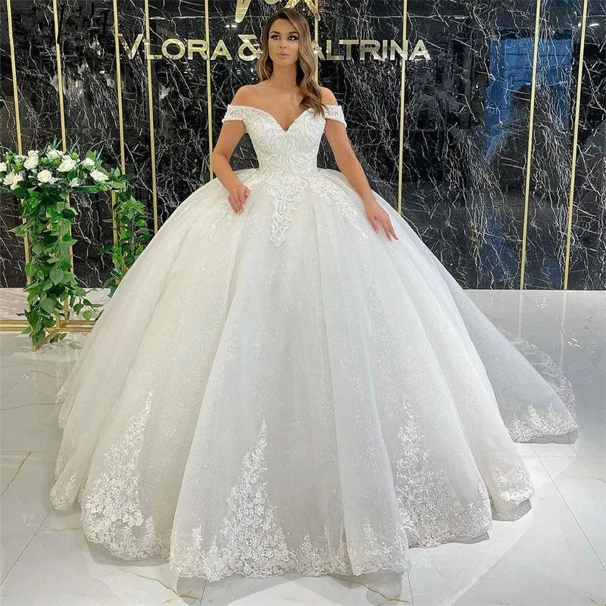 TrendyWedding Dress For Women Lace Appliques Glitter Tulle Luxury Bridal Gowns