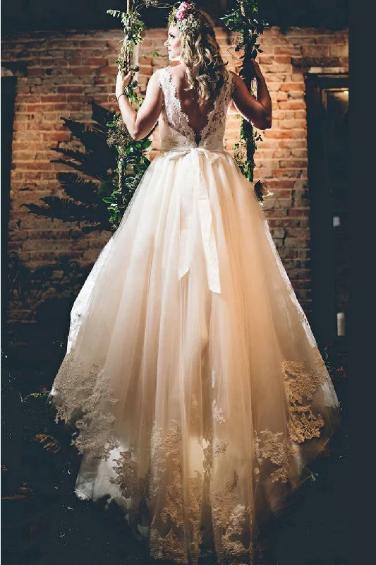 Royal-worthyElegant Off White Lace Appliques A-line Chapel Train Wedding Dress with Sash OKB05 Royal-worthyElegant Off White Lace Appliques A-line Chapel Train Wedding Dress with Sash OKB05