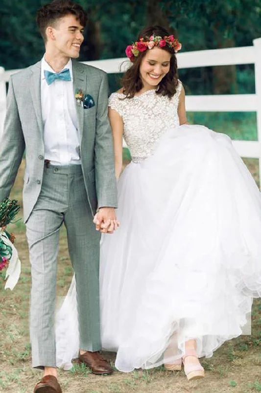 Polished-glamElegant Off White Tulle Backless Wedding Dresses with Crystal Sash OKL47