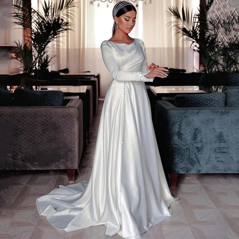 Minimal-chicA Line Wedding Dress For Women Buttons Front Bride Gowns Long Sleeve