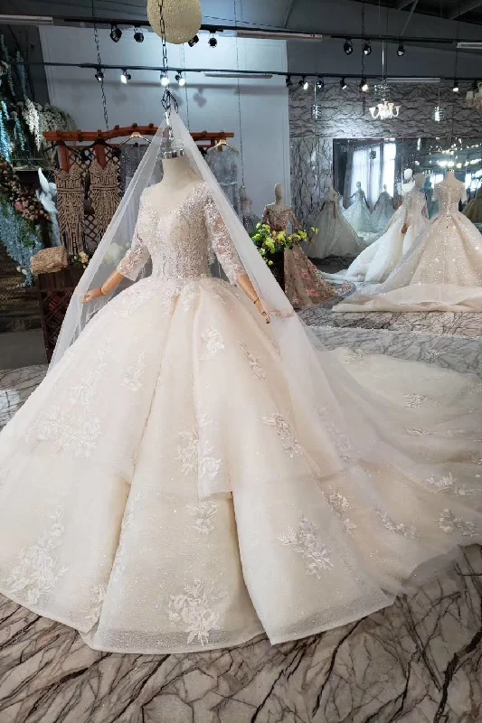 Sleek-functionalityElegant Scoop Ball Gown Wedding Dress, 3/4 Sleeves Wedding Gown OKJ97