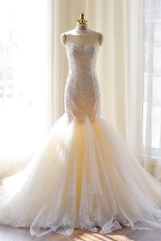 Ultra-flatteringFashion Tulle Mermaid Lace Appliques Sweetheart Wedding Dresses With Count Train OK590 Ultra-flatteringFashion Tulle Mermaid Lace Appliques Sweetheart Wedding Dresses With Count Train OK590