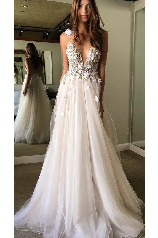 Metropolitan-coolFloral Open Back Deep V-neck Straps Tulle Appliques Prom Dresses Wedding Dress OK180 Metropolitan-coolFloral Open Back Deep V-neck Straps Tulle Appliques Prom Dresses Wedding Dress OK180