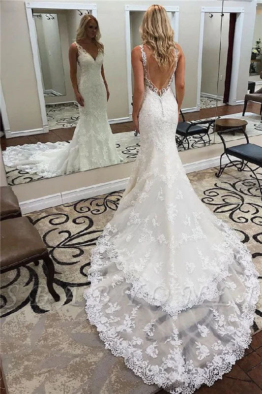 TrendyGlamorous Straps V-Neck Backless Lace Mermaid Wedding Dress OKU38