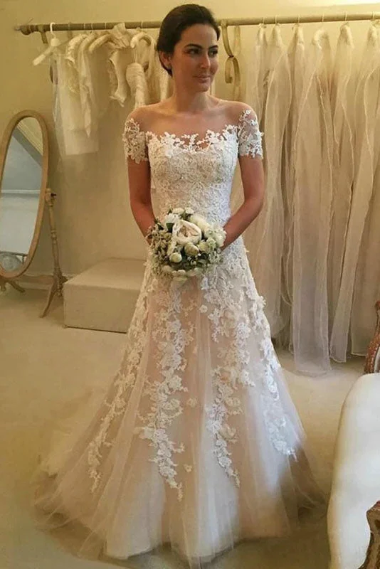 CosmopolitanGorgeous Tulle Wedding Dress Lace Applique A-line Bridal Dress Short Sleeve OKW27 CosmopolitanGorgeous Tulle Wedding Dress Lace Applique A-line Bridal Dress Short Sleeve OKW27