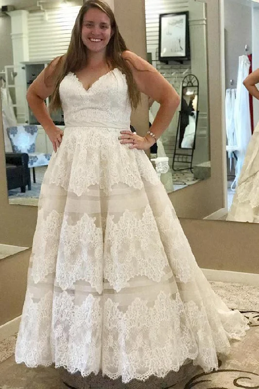Tastefully-boldIvory A-Line Spaghetti Straps Plus Size Wedding Dresses with Lace Appliques OKF94