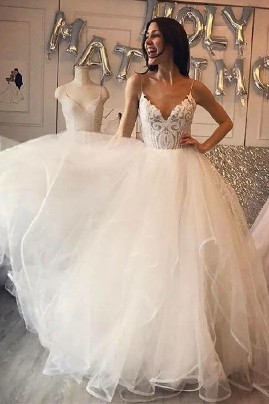 Luxe-essentialsIvory A-Line Spaghetti Straps Tulle Cheap Wedding Dresses with Lace OKF90