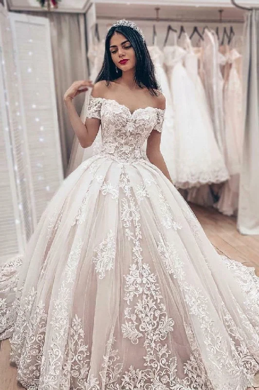 High-street styleIvory Applique Lace Off Shoulder Corset Bridal Gowns New Ball Gown Wedding Dress OKU73
