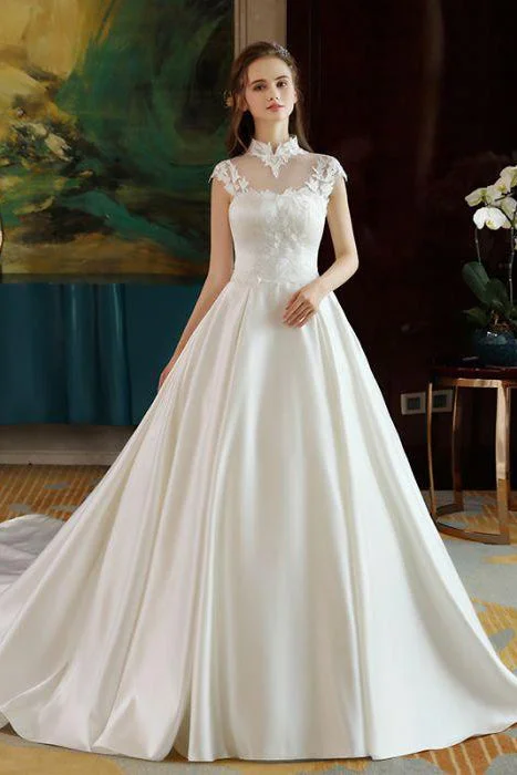 Layered effortlessIvory High Neck Ball Gown Lace Applique Cheap Wedding Dress OK801