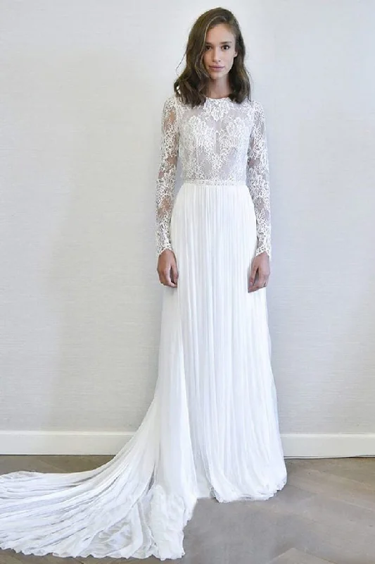 ModishIvory Long Sleeves A Line Wedding Dress Chiffon Detachable Bridal Dress OKP78
