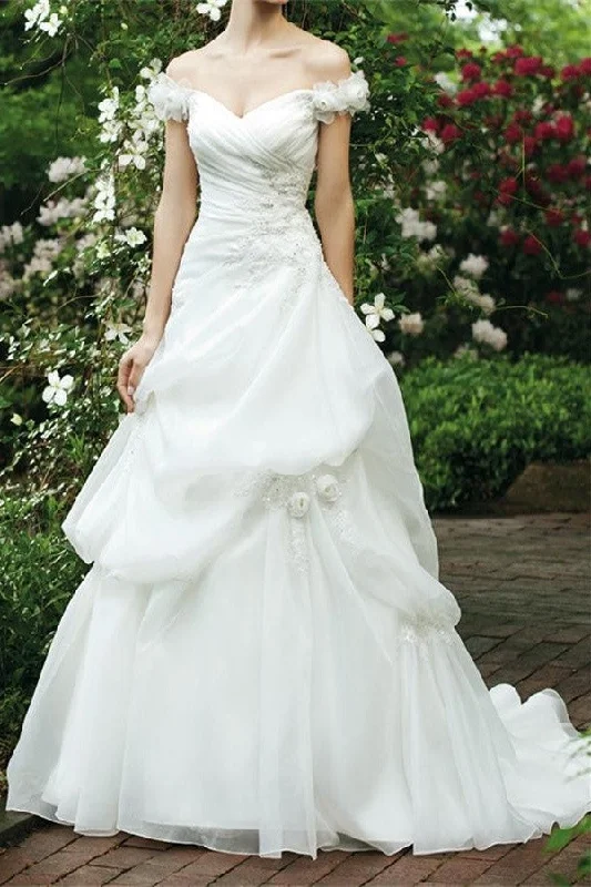 Poetic softnessIvory Long V-neck Off Shoulder Lace Up Beading Wedding Dress W37