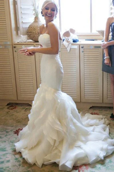 Breezy chicIvory Mermaid Sweetheart Court Train Ruffle Organza Wedding Dress OK529