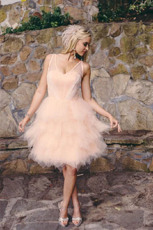 Sultry-chicKnee Length Blush Colored Layered Tulle Short Ruffles Wedding Dress OK557