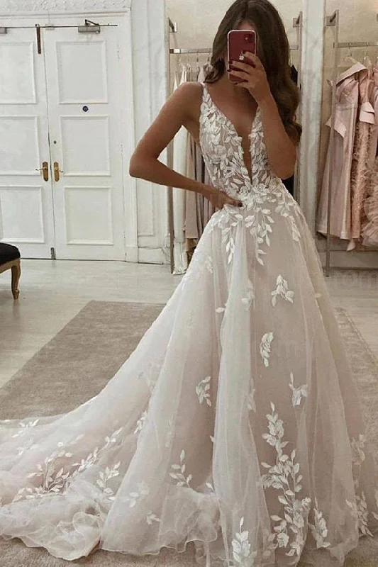 Edgy-chicLace Applique Ivory A-line V-Neck Wedding Dress Cheap Bridal Dress OKU81
