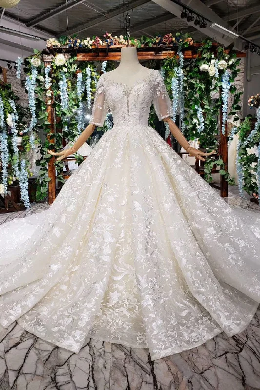 Muted-tonesLace Half Sleeves Ball Gown Wedding Dress, Fashion Beading Big Wedding Gown OKK3 Muted-tonesLace Half Sleeves Ball Gown Wedding Dress, Fashion Beading Big Wedding Gown OKK3