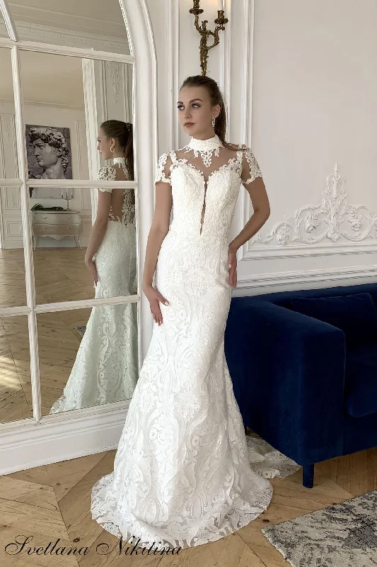 Statement-makingLace Mermaid High Neck Short Sleeves Bridal Dress Custom Wedding Dress OKU63 Statement-makingLace Mermaid High Neck Short Sleeves Bridal Dress Custom Wedding Dress OKU63