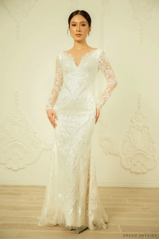 Sophisticated-cleanLong Sleeves Sheath Wedding Dress (#DOROTEA)