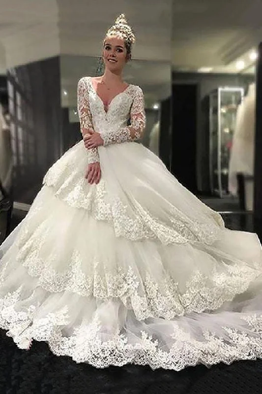 Luxe-basicsLuxurious Lace Long Sleeves V-neck Layers  Ball Gowns Wedding Dresses OKH79