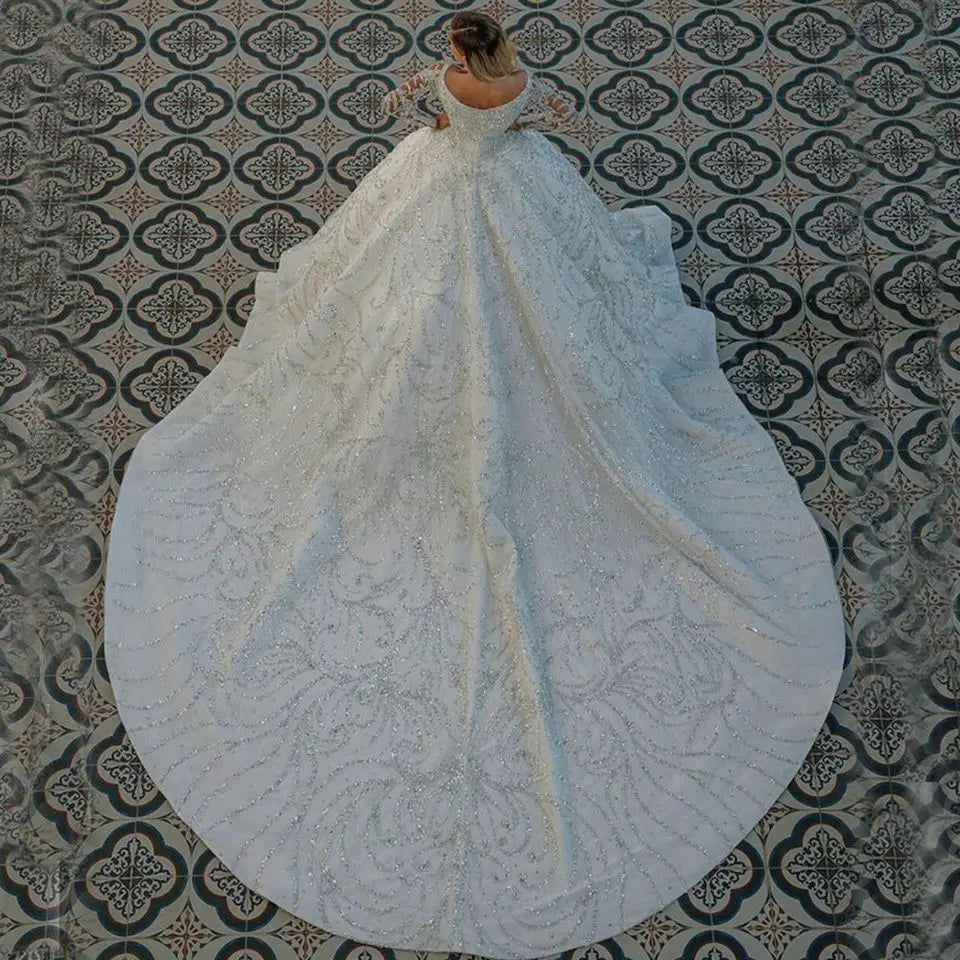 Hepburn-esqueBeading Long Sleeves Wedding Dresses Glitter Sequined Ball Gown Bridal Gowns