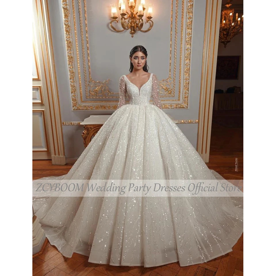 Show-stoppingLong Sleeves Wedding Dress Ball Gown Floor Length Sweep Train Tulle Zipper Show-stoppingLong Sleeves Wedding Dress Ball Gown Floor Length Sweep Train Tulle Zipper
