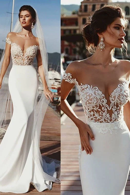 Runway-readyMermaid Cap Sleeves Sheer Neck Long Wedding Dressses OKP71