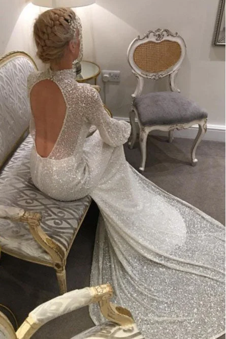 Monochrome perfectionMermaid High Neck Open Back Sweep Train Ivory Lace Wedding Dress OKR17 Monochrome perfectionMermaid High Neck Open Back Sweep Train Ivory Lace Wedding Dress OKR17
