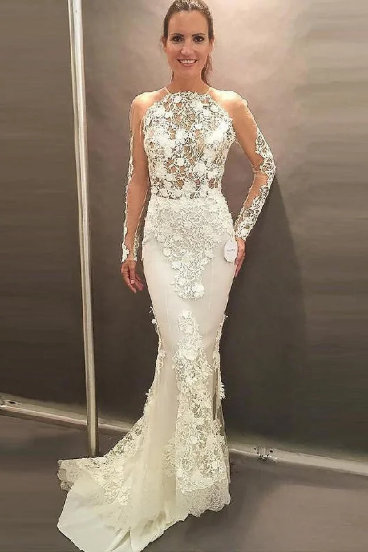 Vacation-readyMermaid Jewel Long Sleeves Sweep Train Bridal Dress, Prom Dress with Lace Appliques OKE36 Vacation-readyMermaid Jewel Long Sleeves Sweep Train Bridal Dress, Prom Dress with Lace Appliques OKE36