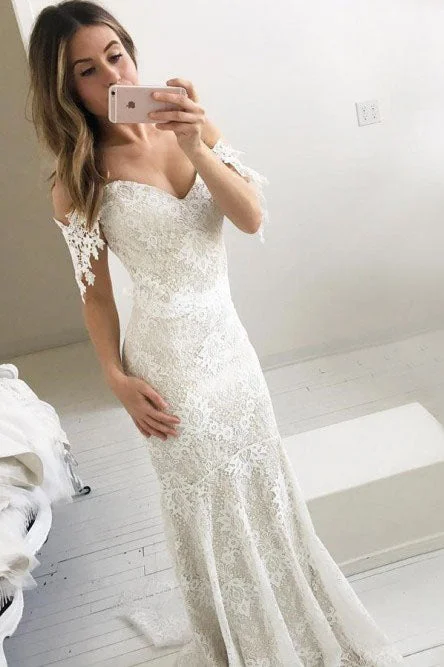 Clean-cut-utilitarianMermaid Off-the-shoulder Backless Sweep Train Ivory Lace Wedding Dress OKR33