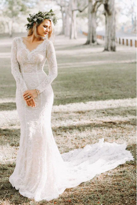 Sport-meets-streetMermaid V-Neck Backless Long Sleeves Lace Elegant Wedding Dress OKR35