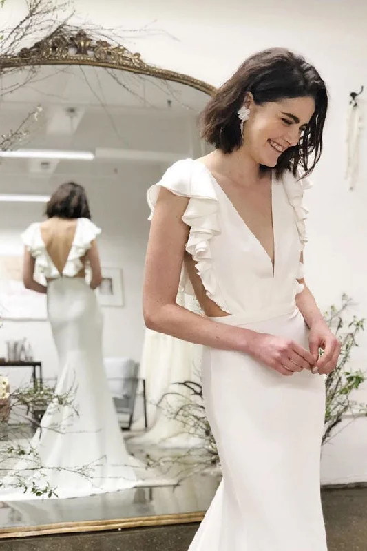 ClassyMermaid V-Neck Cap Sleeves Backless Wedding Dresses with Ruffles OKM27
