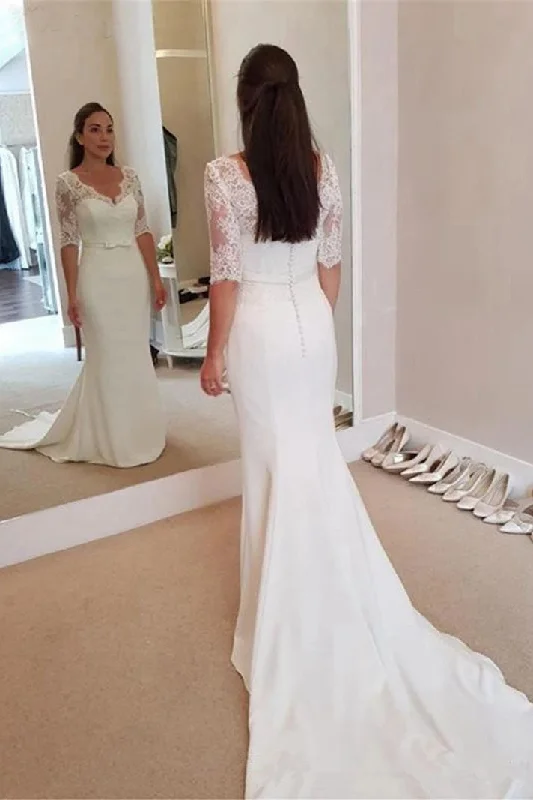 Timeless eleganceMermaid V-Neck Half Sleeve Elegant Wedding Dress Vintage Lace Spandex Bridal Dress OKW26 Timeless eleganceMermaid V-Neck Half Sleeve Elegant Wedding Dress Vintage Lace Spandex Bridal Dress OKW26