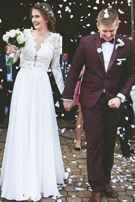 Classic-minimalismModest A-Line Lace Appliques Long Sleeves Chiffon Elegant Wedding Dresses OKH87 Classic-minimalismModest A-Line Lace Appliques Long Sleeves Chiffon Elegant Wedding Dresses OKH87