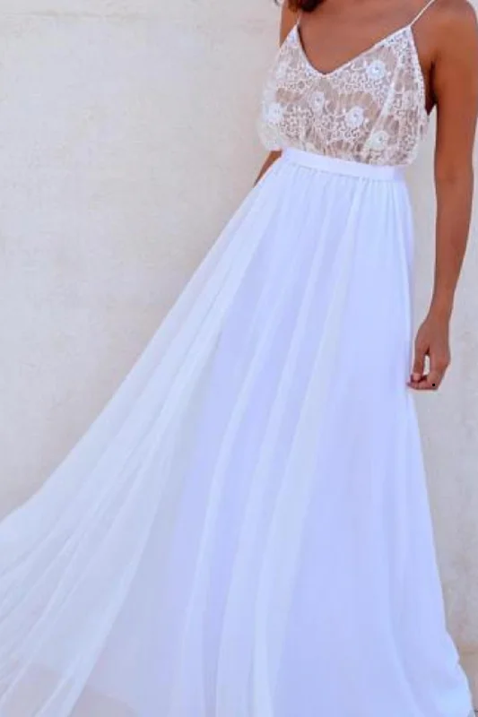 Luxe-casualWhite Chiffon Long Beach Wedding Dress,Simple Prom Dresses OKC33