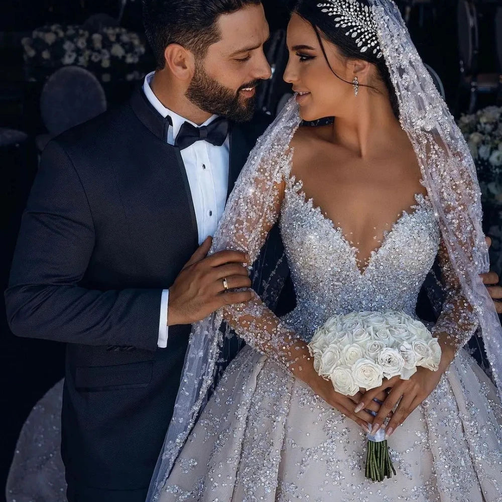 Elegant draperyBride Dress Sparkly Sequins Wedding Gown Dubai Luxury Ball Gown