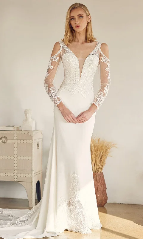 Neutral-tonedNox Anabel Bridal - JE916 Cold Shoulder Embroidered Gown