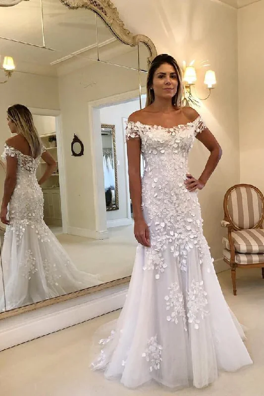 ContemporaryOff The Shoulder Cap Sleeves Mermaid Wedding Dress Lace Appliques Wedding Gowns OKP80