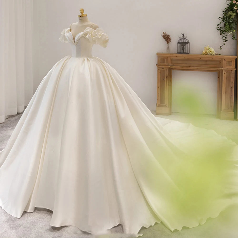 Luxe-casualShort Sleeve Neck Lace Up Back Satin Ball Gown Wedding Dress With Chapel Train Luxe-casualShort Sleeve Neck Lace Up Back Satin Ball Gown Wedding Dress With Chapel Train