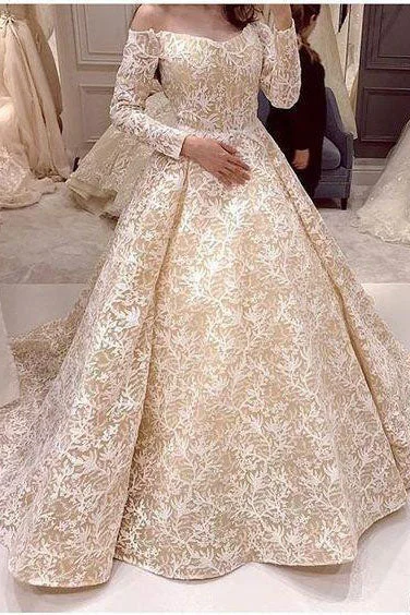 Layered-techwearOff the Shoulder Long Sleeves Lace Ball Gown Wedding Dress OK1050