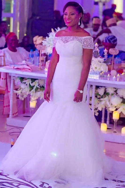 EdgyOff the Shoulder Mermaid Tulle Wedding Dress With Beading Court Train OKH1