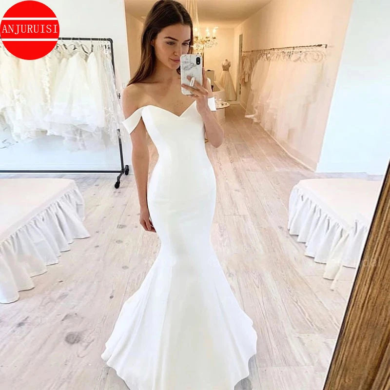 Hepburn-esqueOff The Shoulder Soft Satin Mermaid Wedding Dresses For Women