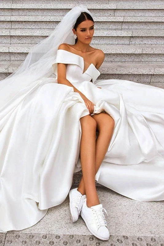 Carefree bohemianOff the Shoulder White Ball Gown Simple Wedding Dresses, Satin Bridal Gown OKQ20 Carefree bohemianOff the Shoulder White Ball Gown Simple Wedding Dresses, Satin Bridal Gown OKQ20