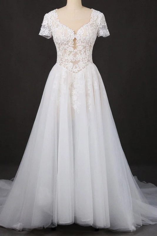 Bodycon perfectionOff White A Line Short Sleeves Lace Appliques Wedding Dresses, Bridal Gown OKQ32 Bodycon perfectionOff White A Line Short Sleeves Lace Appliques Wedding Dresses, Bridal Gown OKQ32