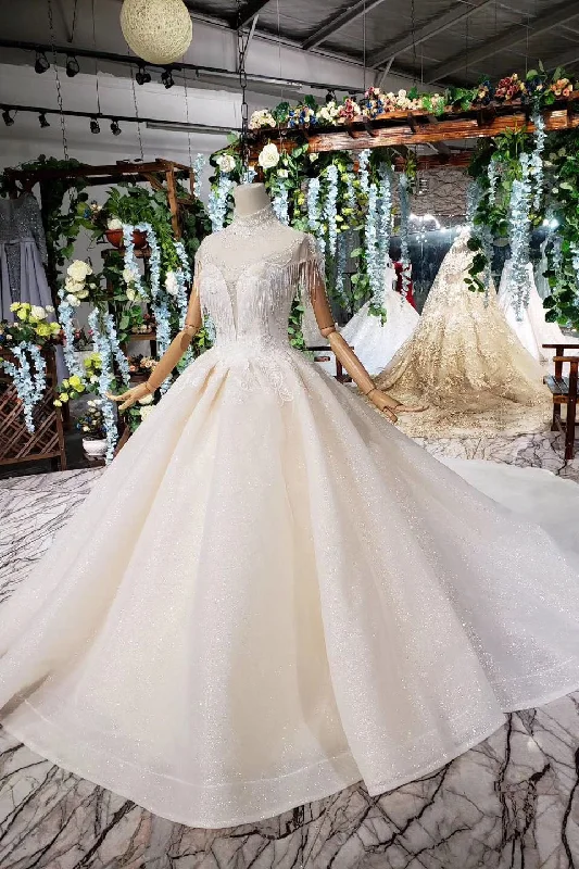 Bonded-fabricsOff White High Neck Ball Gown Wedding Dress, Open Back Beaded Wedding Gown OKJ96 Bonded-fabricsOff White High Neck Ball Gown Wedding Dress, Open Back Beaded Wedding Gown OKJ96