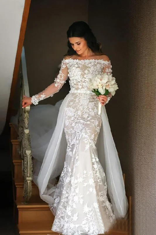 UniqueOff White Mermaid Lace Wedding Dress Off the Shoulder Bridal Dresses OKP79