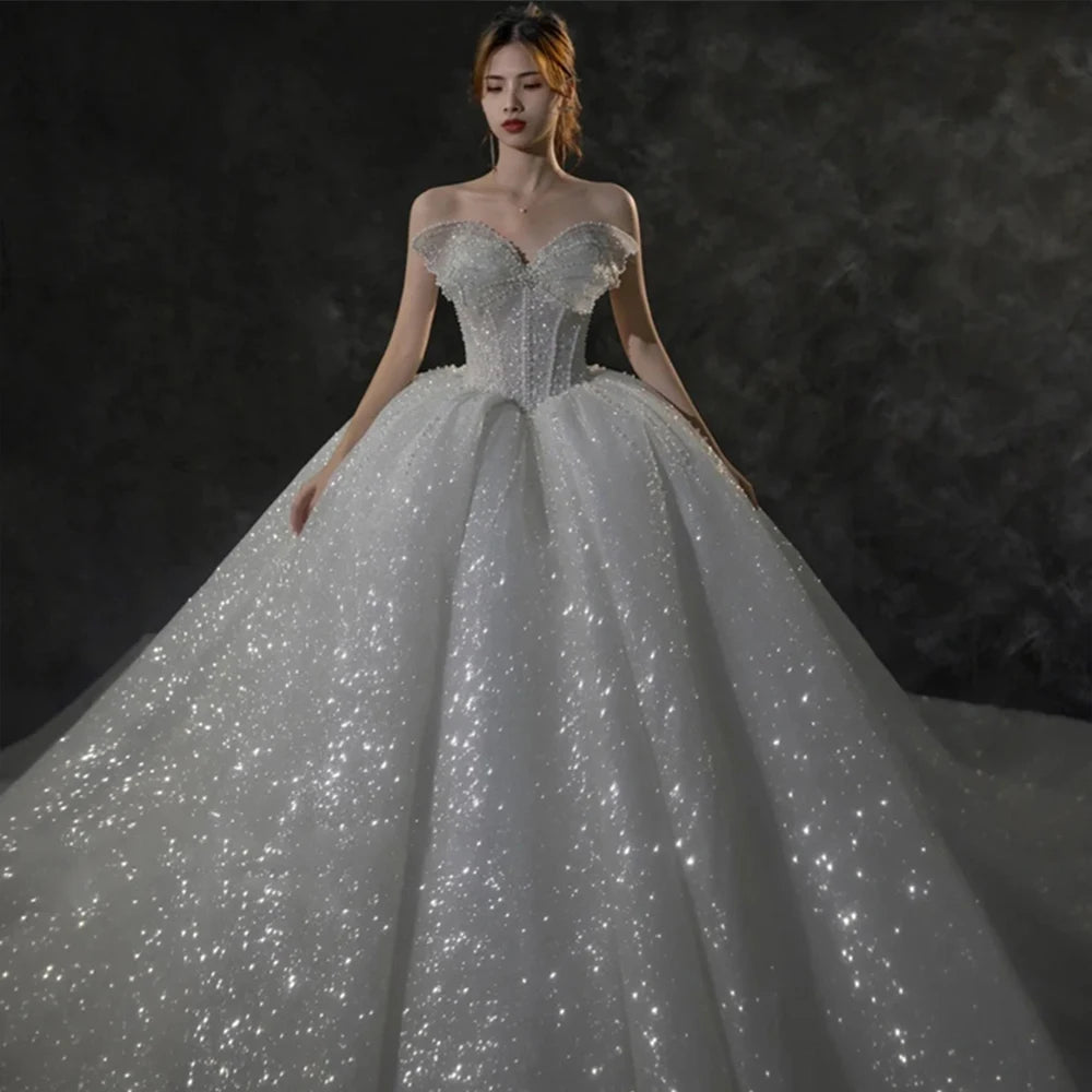 PolishedNeck Lace Up Back Super Shiny Ball Gown Wedding Dress With 150cm Chapel Train PolishedNeck Lace Up Back Super Shiny Ball Gown Wedding Dress With 150cm Chapel Train