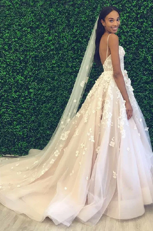 Sleek-tailoredPrincess A-Line Spaghetti Straps Backless Tulle Wedding Dresses with Appliques OKF92 Sleek-tailoredPrincess A-Line Spaghetti Straps Backless Tulle Wedding Dresses with Appliques OKF92