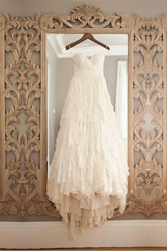 Old-money aestheticPrincess A Line Sweetheart Hi-Low Tiered Chiffon Wedding Dresses OKB06