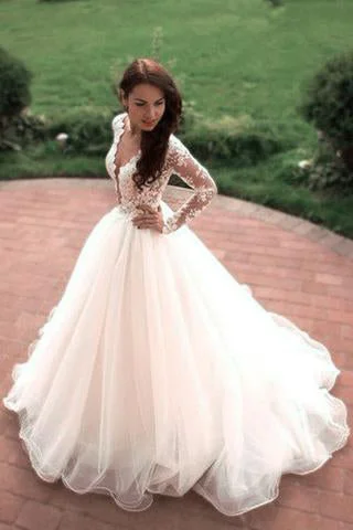 Edgy-streetwearPrincess A-Line V-Neck Tulle Ivory Long Sleeves Ball Gowns Wedding Dresses OK778 Edgy-streetwearPrincess A-Line V-Neck Tulle Ivory Long Sleeves Ball Gowns Wedding Dresses OK778