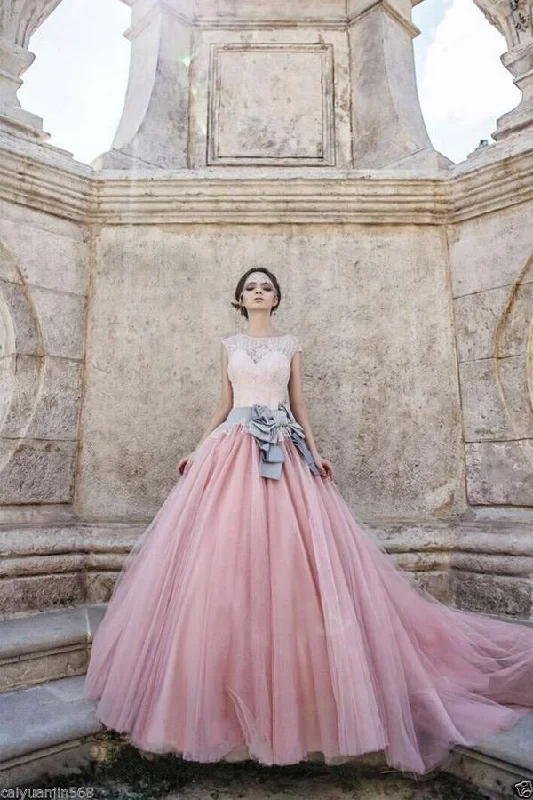 Monochrome perfectionPrincess Cap Sleeves Ball Gown Bateau Lace Bow-knot Pink Tulle Wedding Dress OK563 Monochrome perfectionPrincess Cap Sleeves Ball Gown Bateau Lace Bow-knot Pink Tulle Wedding Dress OK563