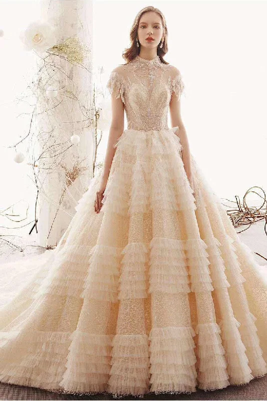 Elegant-minimalistPrincess High Neck Ball Gown Wedding Dress, Short Sleeves Bridal Dress OKK1 Elegant-minimalistPrincess High Neck Ball Gown Wedding Dress, Short Sleeves Bridal Dress OKK1